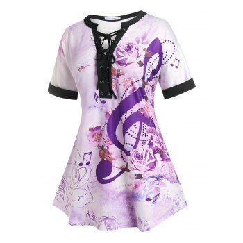 

Plus Size Flower Musical Notes Lace-up Tunic Tee, Multicolor