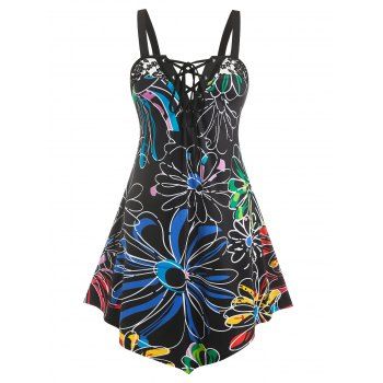 

Plus Size Floral Print Lace Up Irregular Dress, Black