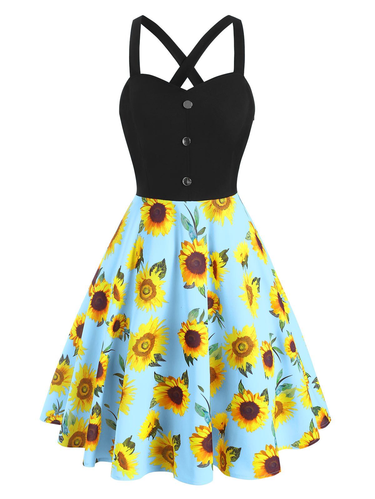 Sunflower Print Sundress Crossover Mock Button A Line Summer Dress - LIGHT BLUE XL