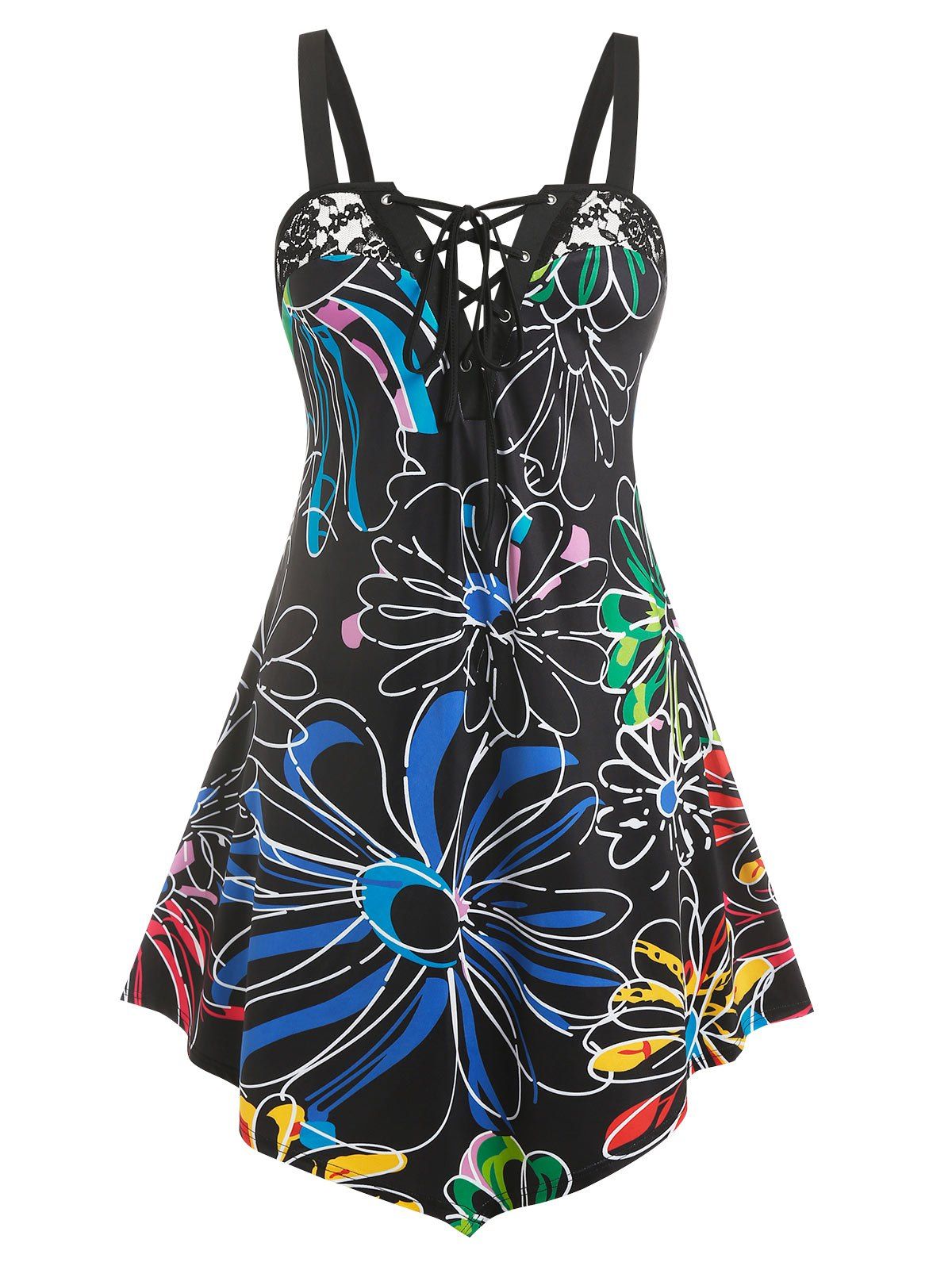 Plus Size Floral Print Lace Up Irregular Dress - BLACK 5X