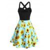 Sunflower Print Criss Cross Mock Button Dress - LIGHT BLUE M