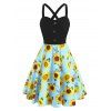 Sunflower Print Sundress Crossover Mock Button A Line Summer Dress - multicolor S