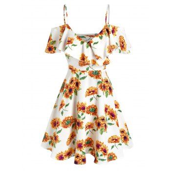

Flower Pattern Flounce High Waist Sundress, White