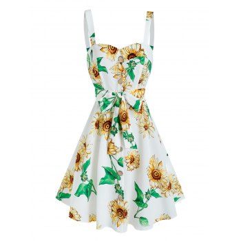 

Vacation Allover Sunflower Print Sundress Mock Button Belted Sleeveless Mini Dress, White