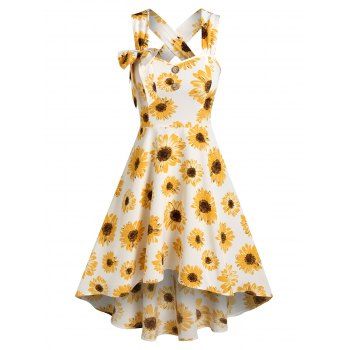 

Sleeveless Flower Print Bowknot High Low Dress, Light yellow