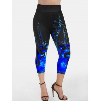 

High Waisted Octopus Print Capri Skinny Leggings, Multicolor