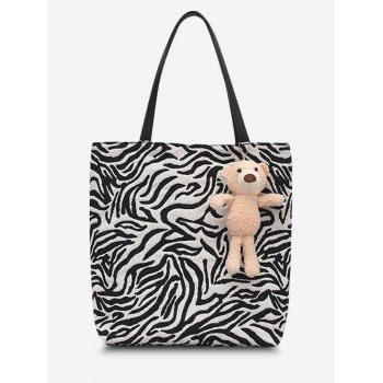 

Zebra Print Tote Bag With Bear Pendant, Black