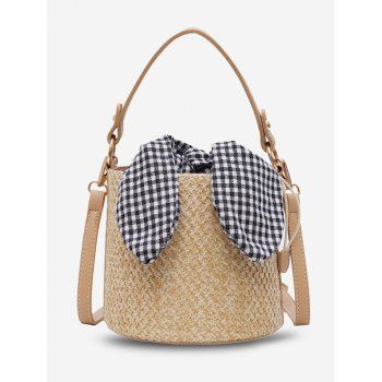 

Gingham Tie Woven Bucket Bag, Light khaki