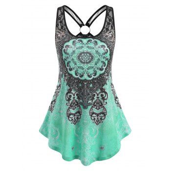 

Ethnic Printed Ring Lace Panel Tank Top, Green