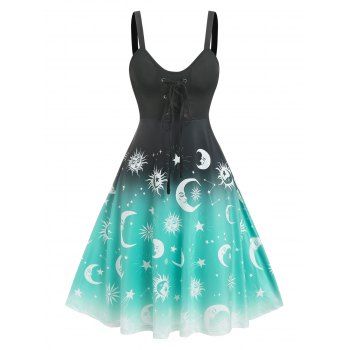 

Lace Up Sun And Moon Print Gradient Dress, Black
