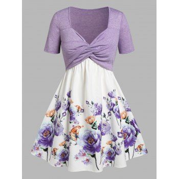 Plus Size Front Twist Floral Print Dress, Purple