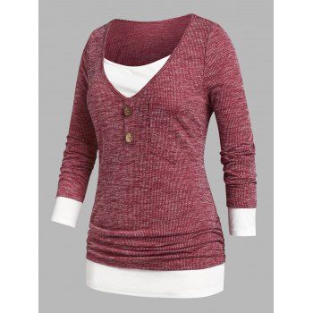 

Plus Size Ruched Ribbed Faux Twinset Tee, Deep red