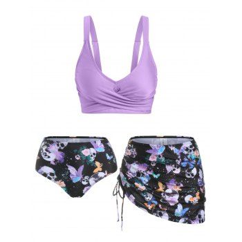 

Gothic Tankini Swimwear Skull Butterfly Floral Print Bathing Suit Crossover Cinched Skirt Beach Three Piece Swimsuit, Light purple