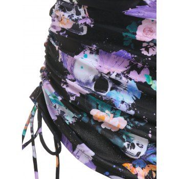 Buy Gothic Swimwear Skull Butterfly Floral Print Crossover Three Piece Tankini Swimsuit. Picture