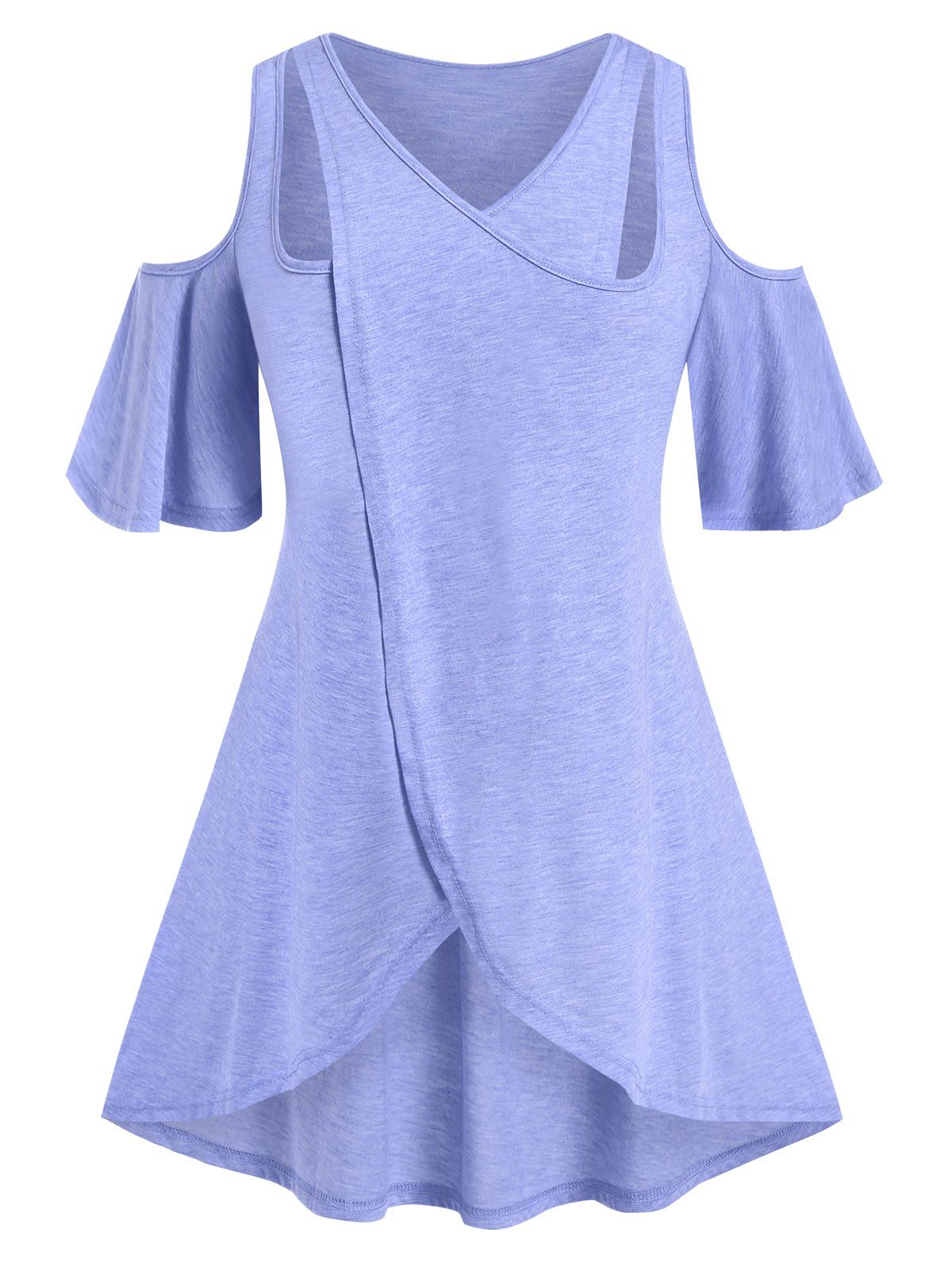 T-shirt Tunique Découpé Superposé à Epaule Dénudée de Grande Taille - Bleu clair 5X