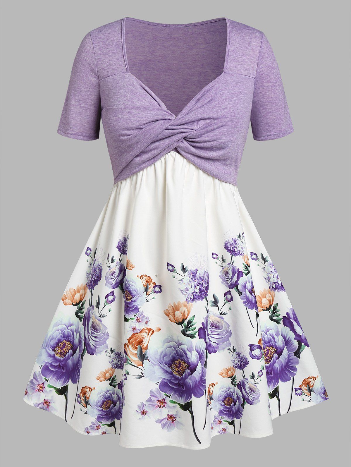 Plus Size Front Twist Floral Print Dress - PURPLE L