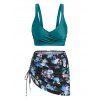 Gothic Tankini Swimwear Skull Butterfly Floral Print Bathing Suit Crossover Cinched Skirt Beach Three Piece Swimsuit - DEEP GREEN XXXL