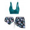 Gothic Tankini Swimwear Skull Butterfly Floral Print Bathing Suit Crossover Cinched Skirt Beach Three Piece Swimsuit - DEEP GREEN XXXL