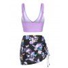 Gothic Tankini Swimwear Skull Butterfly Floral Print Bathing Suit Crossover Cinched Skirt Beach Three Piece Swimsuit - LIGHT PURPLE S