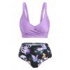 Gothic Tankini Swimwear Skull Butterfly Floral Print Bathing Suit Crossover Cinched Skirt Beach Three Piece Swimsuit - LIGHT PURPLE S