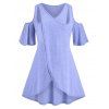 T-shirt Tunique Découpé Superposé à Epaule Dénudée de Grande Taille - Bleu clair 3X