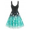 Robe d'Eté Ajustée et Evasée à Imprimé Lune et Soleil Dégradée à Lacets à Bretelles - Noir XXL