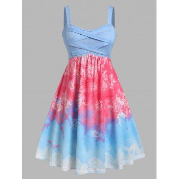 

Plus Size Flower Tie Dye Criss Cross Backless Dress, Light blue