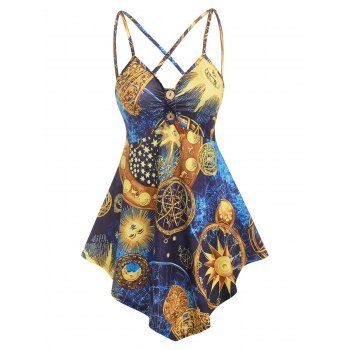 

Bohemian Sun Moon Stars Print Corset Style Criss-cross Skirted Tank Top, Light blue