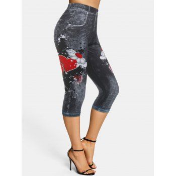 

Flower 3D Print Skinny Capri Jeggings, Black