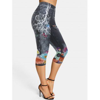 

Flowers Butterfly 3D Print Skinny Capri Jeggings, Black