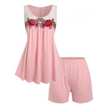 

Plus Size Embroidered Lace Insert Pajama Shorts Set, Light pink