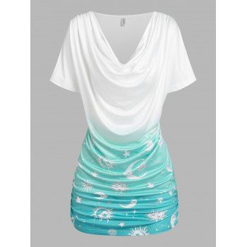

Sun Moon Star Print Ombre Ruched T-shirt, Light blue