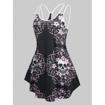 

Plus Size Skull Flower Double Strap Tunic Tank Top, Black