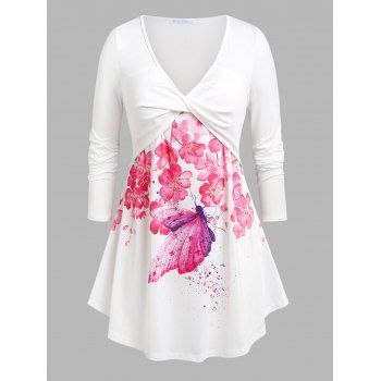 

Plus Size Front Twist Floral Butterfly Print Tee, White