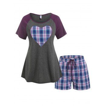 

Plus Size Heart Pattern Contrast Sleeve Tee and Plaid Shorts Pajamas Set, Multicolor