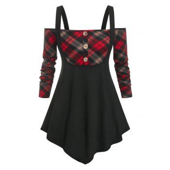 

Plus Size Cold Shoulder Plaid Irregular Tee, Black