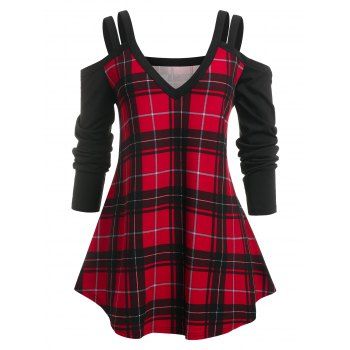

Plus Size Cold Shoulder Plaid Tee, Red