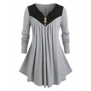 

Plus Size Colorblock Buttons Pleated T Shirt, Light gray