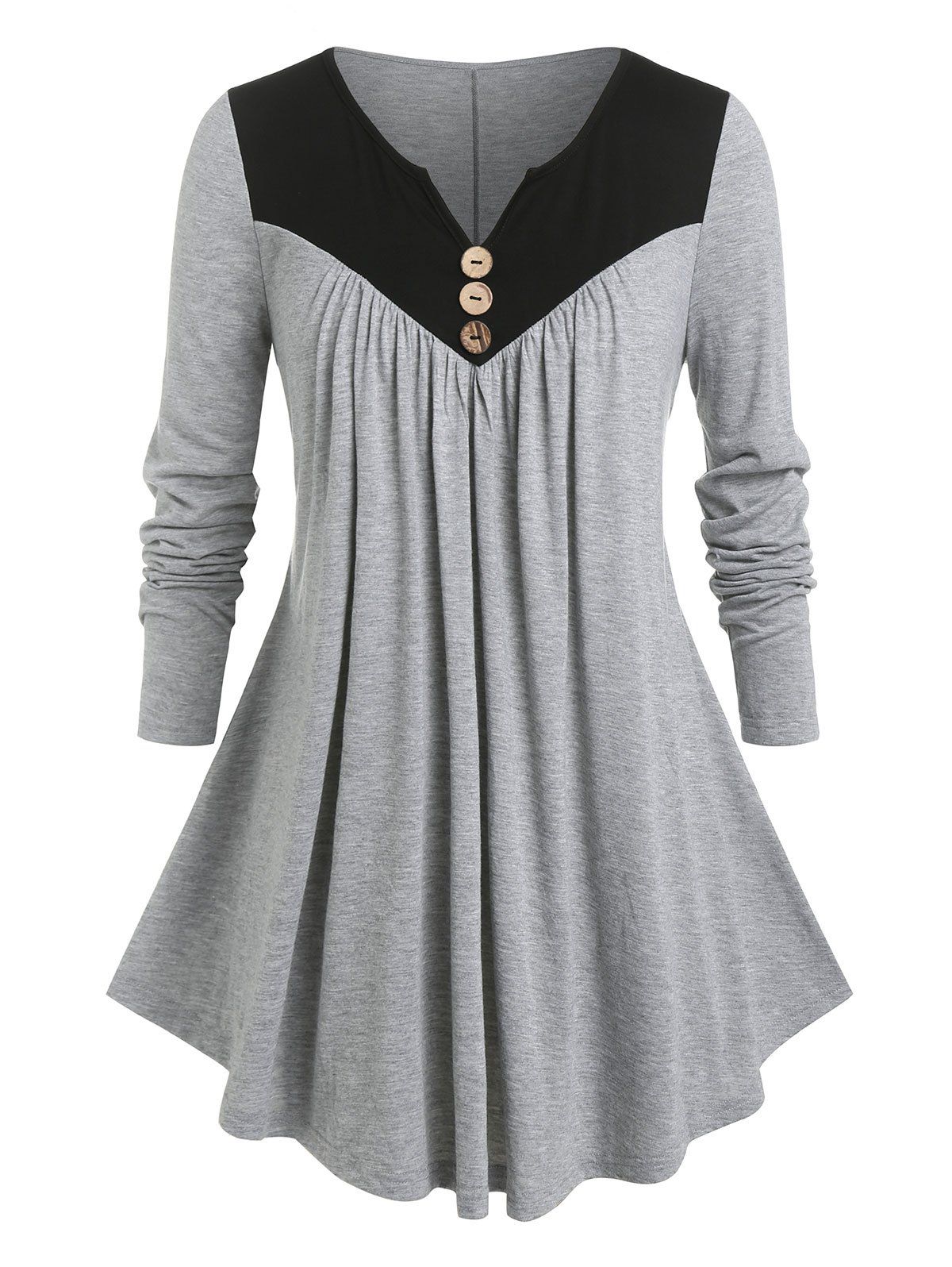 Plus Size Colorblock Buttons Pleated T Shirt - LIGHT GRAY 2X