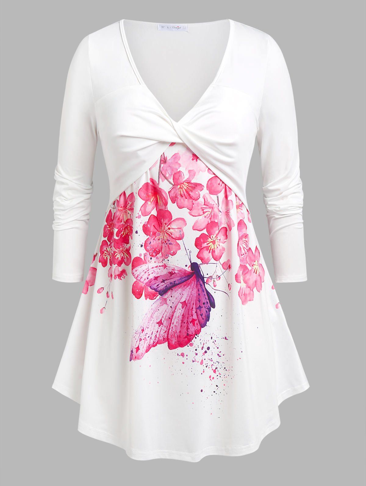 T-shirt Tordu en Avant à Imprimé Papillon Fleuri de Grande Taille - Blanc 1X