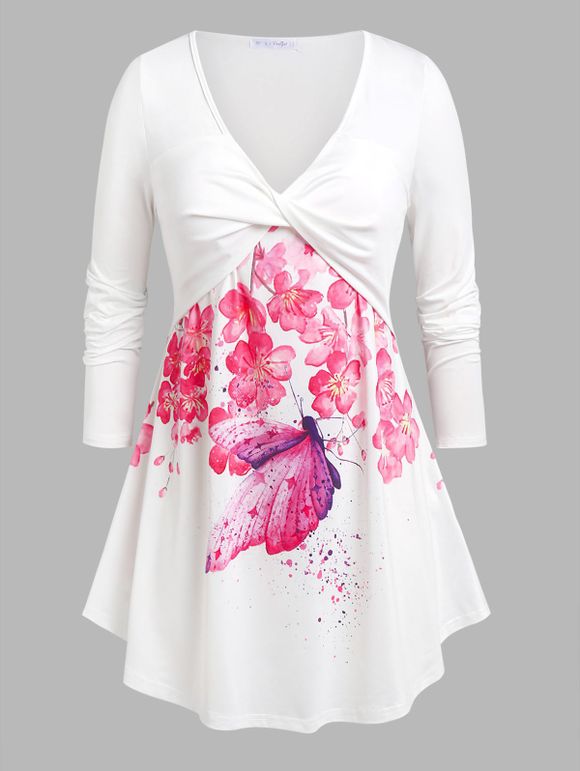 T-shirt Tordu en Avant à Imprimé Papillon Fleuri de Grande Taille - Blanc L
