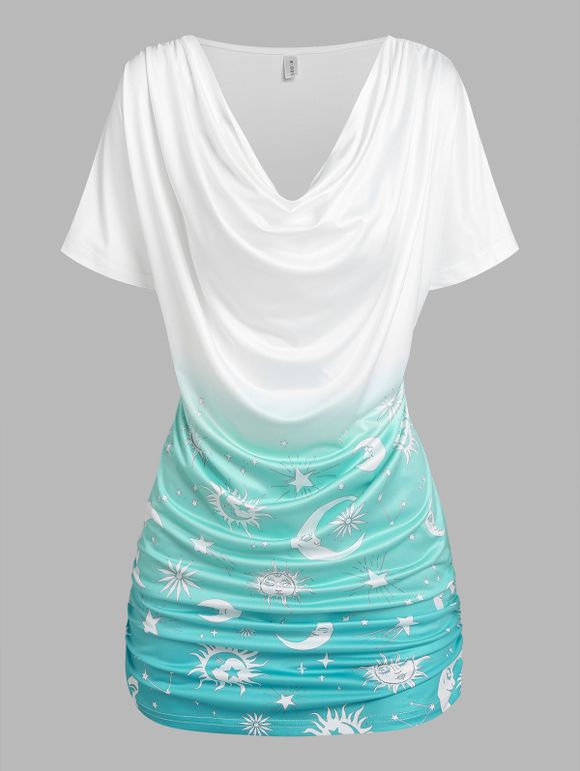 T-shirt Ombré à Imprimé Etoile Lune et Soleil à Volants - Bleu clair XXXL