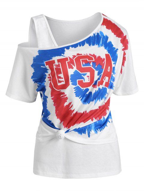 Tie Dye USA Graphic Skew Neck T Shirt with Tank Top
