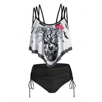 

Tree Skull Print Strappy Padded Tankini Set, Black