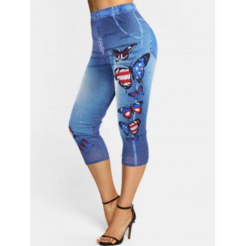 

Patriotic American Flag Butterfly 3D Print Capri Jeggings, Blue