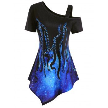 

Skew Neck Octopus Print Asymmetrical T-shirt, Multicolor