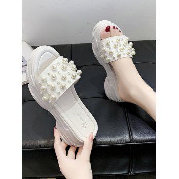 Sporty Faux Pearl Platform Slippers, White
