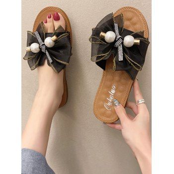 

Faux Pearl Bowknot Rhinestone Flat Slippers, Black
