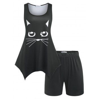 

Plus Size Cat Print Handkerchief Top and Shorts Pajamas Set, Black
