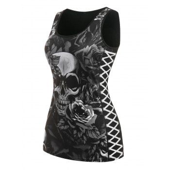 

Plus Size Gothic Skull Floral Print Tank Top, Black